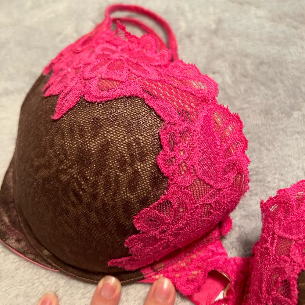 Vintage Victoria’s Secret Bra Brown Animal Print Pink Lace 34D - Picture 3 of 6